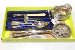 Georgian silver caddy spoon, silver cream jug, two silver spoons,
