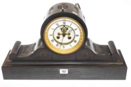 Large Victorian slate mantel clock with enamelled dial and visible escapement