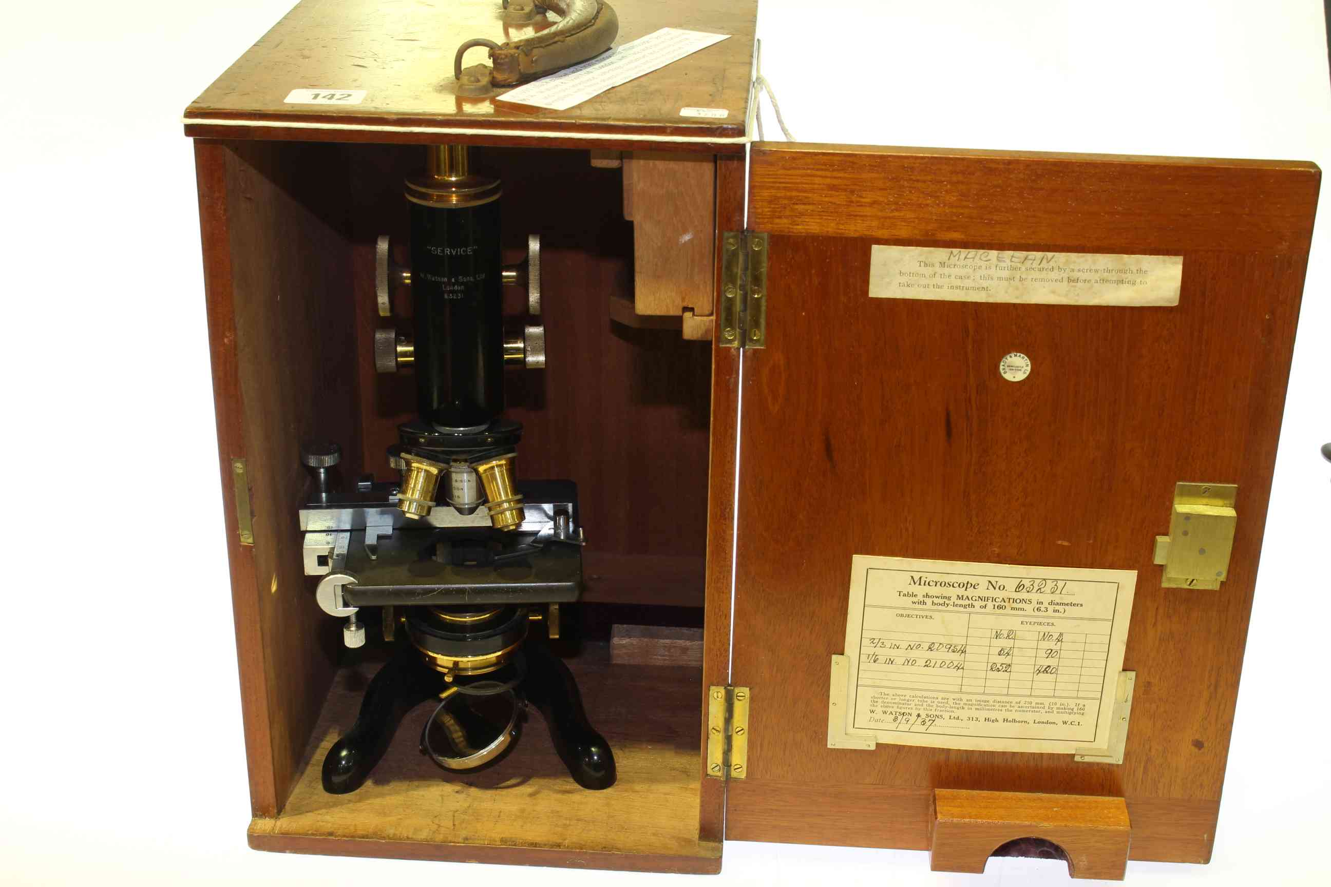 1937 black enamel and brass monocular microscope 'Service' by W.