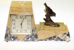 Art Deco marble mantel clock with mounted bronzed bird
