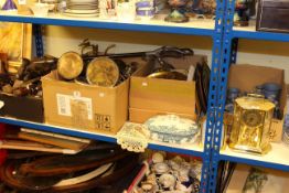 Assorted wood tools, metalwares, Wedgwood china, three clocks,