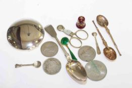 Newcastle silver teaspoon, three silver salt spoons, compact, enamel thimble, coins,