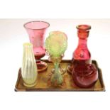 Six pieces of Victorian glass including Cranberry spill on silver base