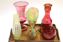 Six pieces of Victorian glass including Cranberry spill on silver base