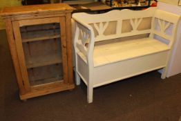 Pine glazed door cabinet and painted box bench (2)