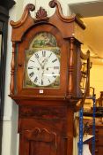 Antique mahogany eight day longcase clock having painted arched dial, signed JA Purvis,
