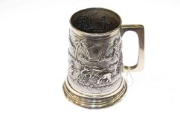 Indian tankard, stamped sterling silver, depicting villagers and elephants, 10.