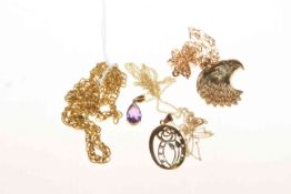 9 carat gold chain, two 9 carat gold pendants and chains, and pendant necklace, gross 15 grams,