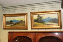 Pair Highland landscape oils on board in gilt glazed frames
