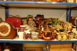 Indian Tree jugs and vases, character jugs, copper ware, brass magazine rack, mantel clock,
