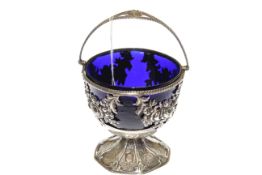 Silver plated Edwardian basket with blue glass liner