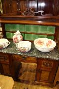 Victorian walnut marble topped and tiled back pedestal washstand,
