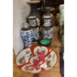 Cloisonne vase and two dishes, four Chinese vases and one plate,