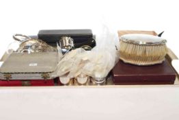 Two silver backed brushes, set of six silver teaspoons, silver plated ware including berry spoons,