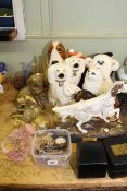 Pair of Royal Doulton spaniels, Beswick cat, horse and setter, two brass dogs, four soft toys,