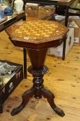Victorian octagonal inlaid walnut sewing table on pedestal tripod base