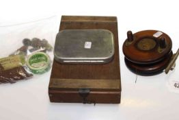 Fishing tackle including wood and brass reel, fly tin,