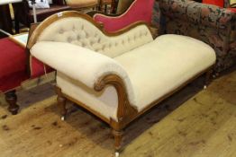 Victorian carved walnut chaise longue in light buttoned fabric
