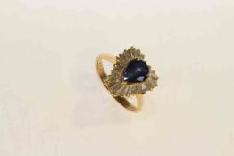 18 carat gold, pear shaped sapphire and diamond ring, sapphire approximately 1.