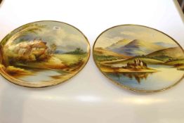 Pair of hand painted pottery plaques 'Cottage near Haye' and 'Kilchurn Castle-Loch Awe'