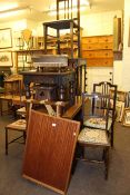Oak trestle end table, five various bedroom chairs, nest of tables, vintage Singer sewing machine,