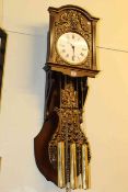 Mahogany and brass embossed triple weight wall clock