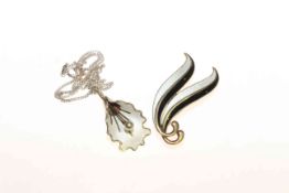 Silver and black and white enamel double leaf shaped brooch by Albert Scharning and a Norwegian