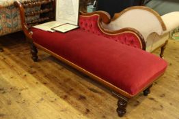 Victorian mahogany scroll and turned end chaise longue in wine buttoned fabric
