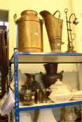 Brass and copper including vase, jug, churn, scuttle, lamp, Leeds pottery,