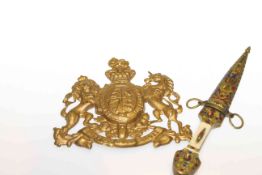 Brass and jewelled Eastern dagger and brass Royal Arms