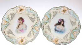 Pair of Continental porcelain plaques, decorated with the portraits of maidens,