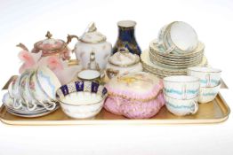 Limoges, Minton's and other teaware, pair of glass birds, Crown Devon lustre vase,