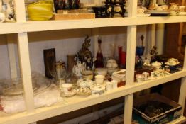 Linen, glassware, china, brassware, cutlery, gilt clock,