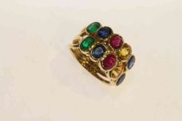 18 carat gold, two-row rubover oval emerald, sapphire, ruby and yellow sapphire ring,