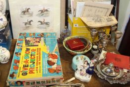 Horse prints, Chad Valley 'Give-A-Show' projector, ephemera, coins, silver plated ware,
