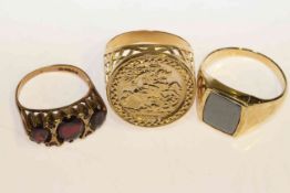 Two 9 carat gold rings and a gold ring with 'coin' inset (3) gross 14 grams
