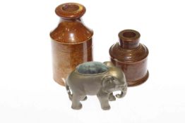 Two stoneware ink bottles and elephant pin cushion