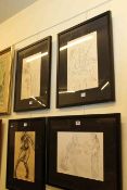 Collection of four signed pencil sketches