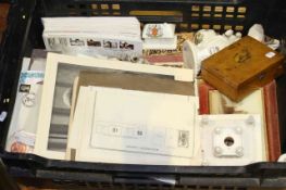Box of stamps, first day covers, crested china, photographs,