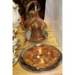 Copper kettle, jug and dish,