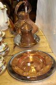 Copper kettle, jug and dish,