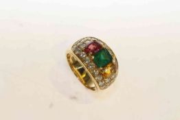 Diamond, emerald, topaz and ruby ring, stamped 750,