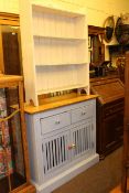 Blue painted and pine topped two door cabinet, painted open bookcase,