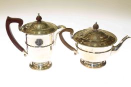 Silver teapot and hot water jug, Birmingham 1935 and 1936, each engraved with a "D", Gross 24.
