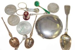 Newcastle silver teaspoon, three silver salt spoons, compact, enamel thimble, coins,