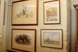 Collection of four pictures including two limited edition wildlife prints and Whitby