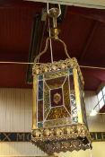 Brass and coloured leaded glass hall lantern