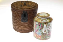Chinese Famille Rose teapot, in original wicker carrying case with spout aperture,