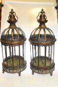 Pair of ornate metal and glass cylindrical hall lanterns