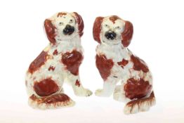 Pair of Victorian Staffordshire models of seated spaniels with legs apart, 15.